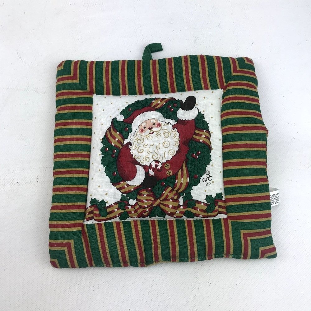 Vintage CSC Christmas Holiday Santa Red Green Striped Hot Pad Potholder 7.5"